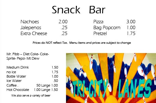 Tri-City Lanes offers a snack bar